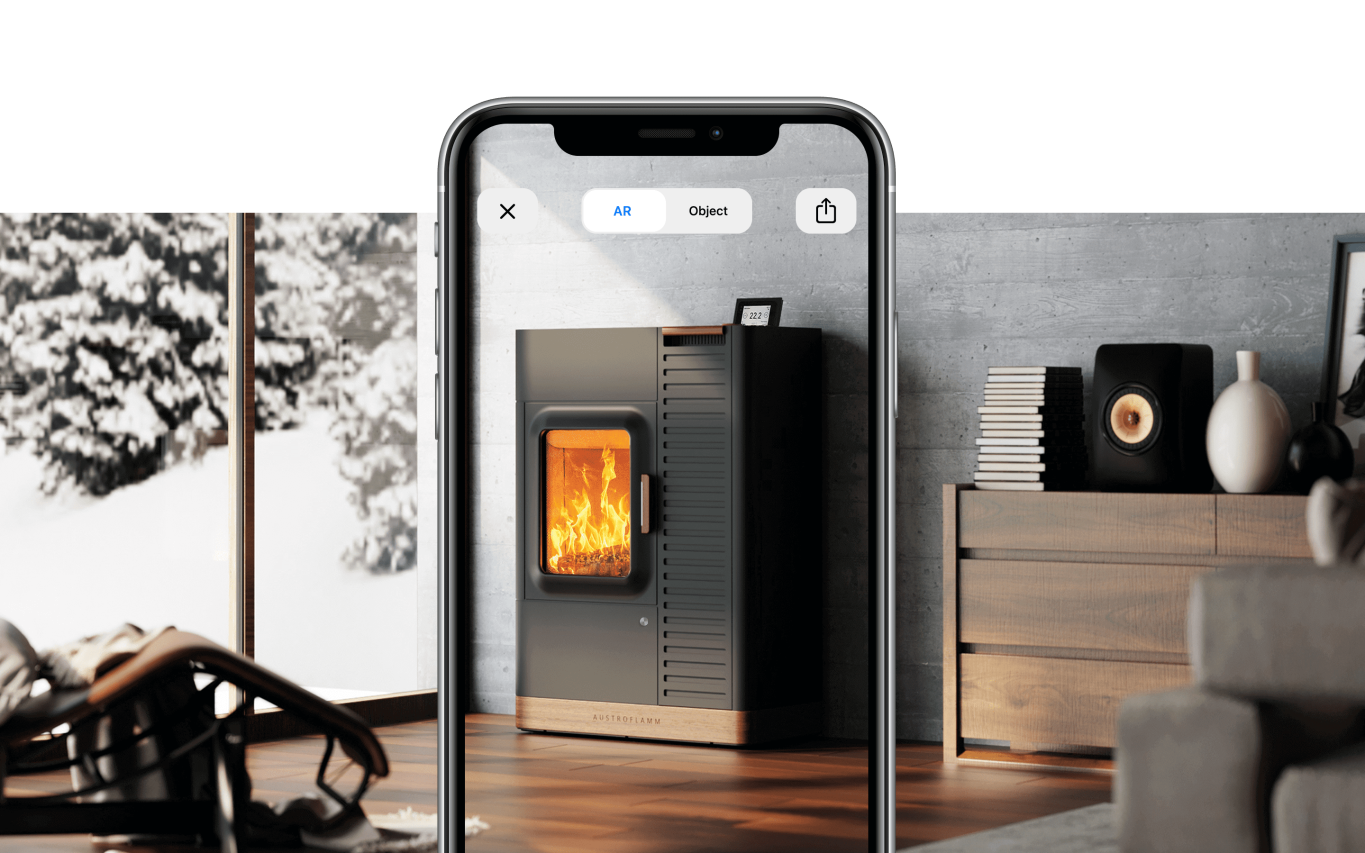 Poêle mixte Mo Duo sur smartphone pour visualisation en RA