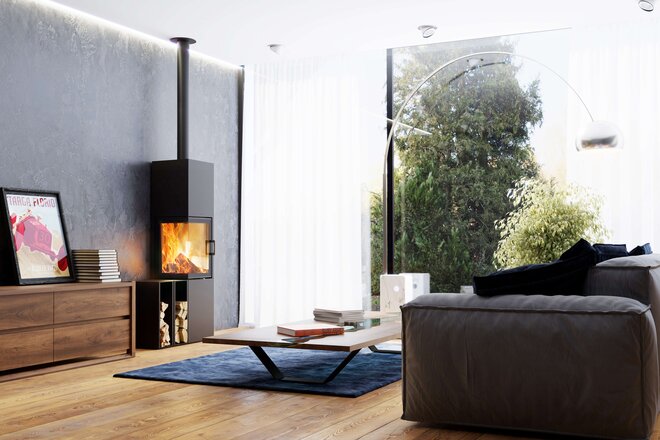 Kaminofen Slim 2.0 Türanschlag links Ambiente Foto Wohnzimmer