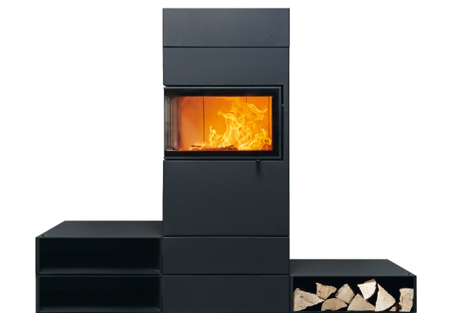 Dexter 2.0 mit Beistellboxen Kaminofen Dexter 2.0 Vorderansicht mit Beistell-und Aufsatzboxen