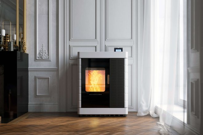 Scotty Duo hybrid stove ambiance photo with ceramic cladding bright white