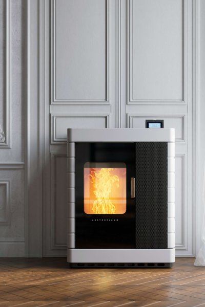 Scotty Duo hybrid stove ambiance photo with ceramic cladding bright white