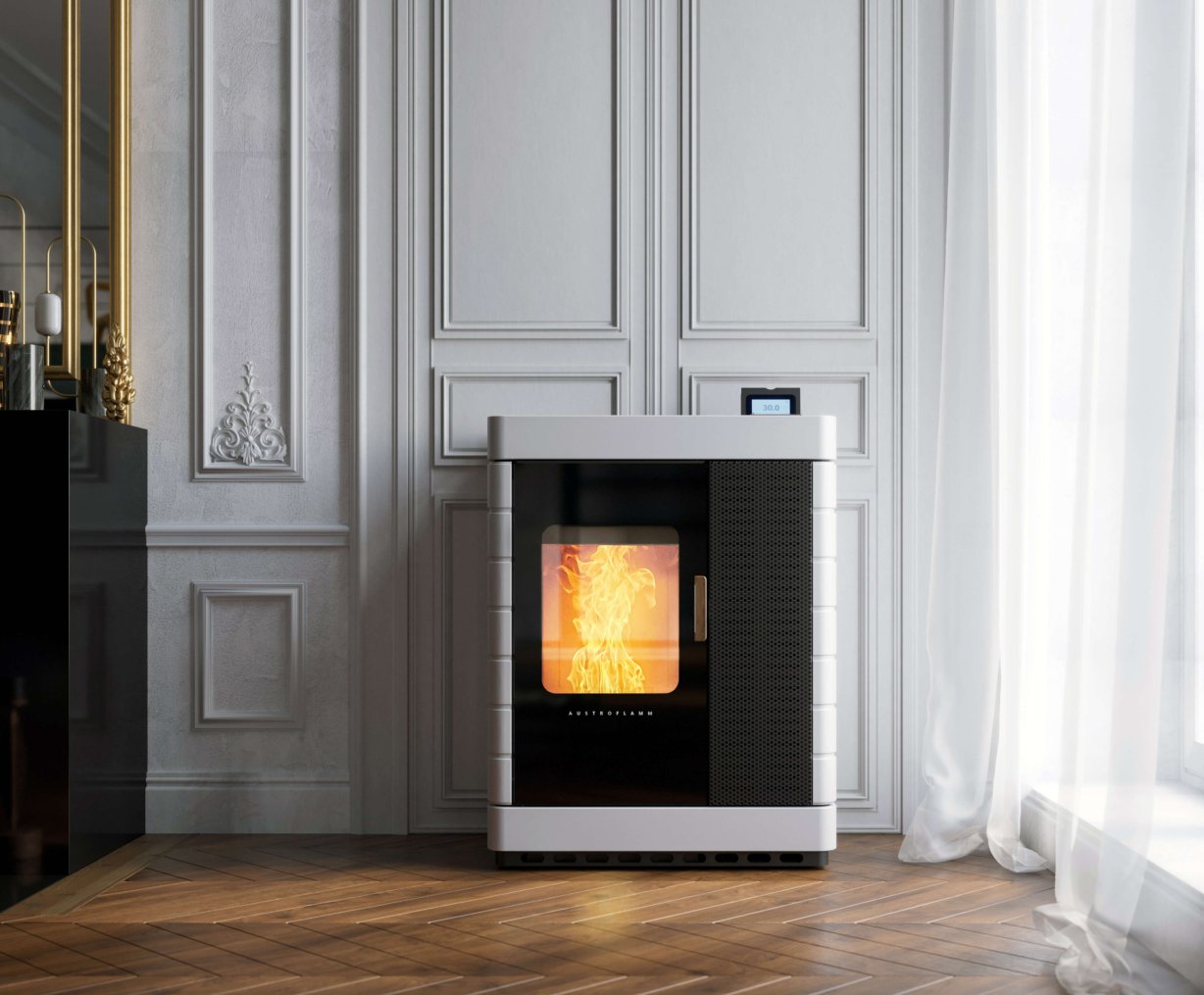 Scotty Duo hybrid stove ambiance photo with ceramic cladding bright white