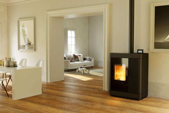 Scotty Duo hybrid stove ambiance photo with steel cladding