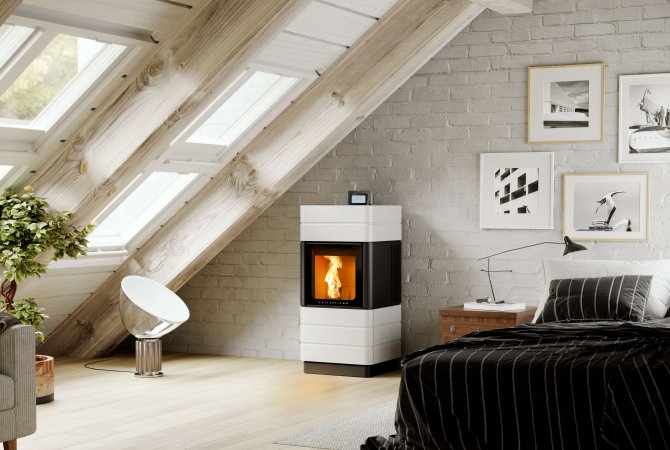 Perry pellet stove ambiance photo with ceramic cladding bright white