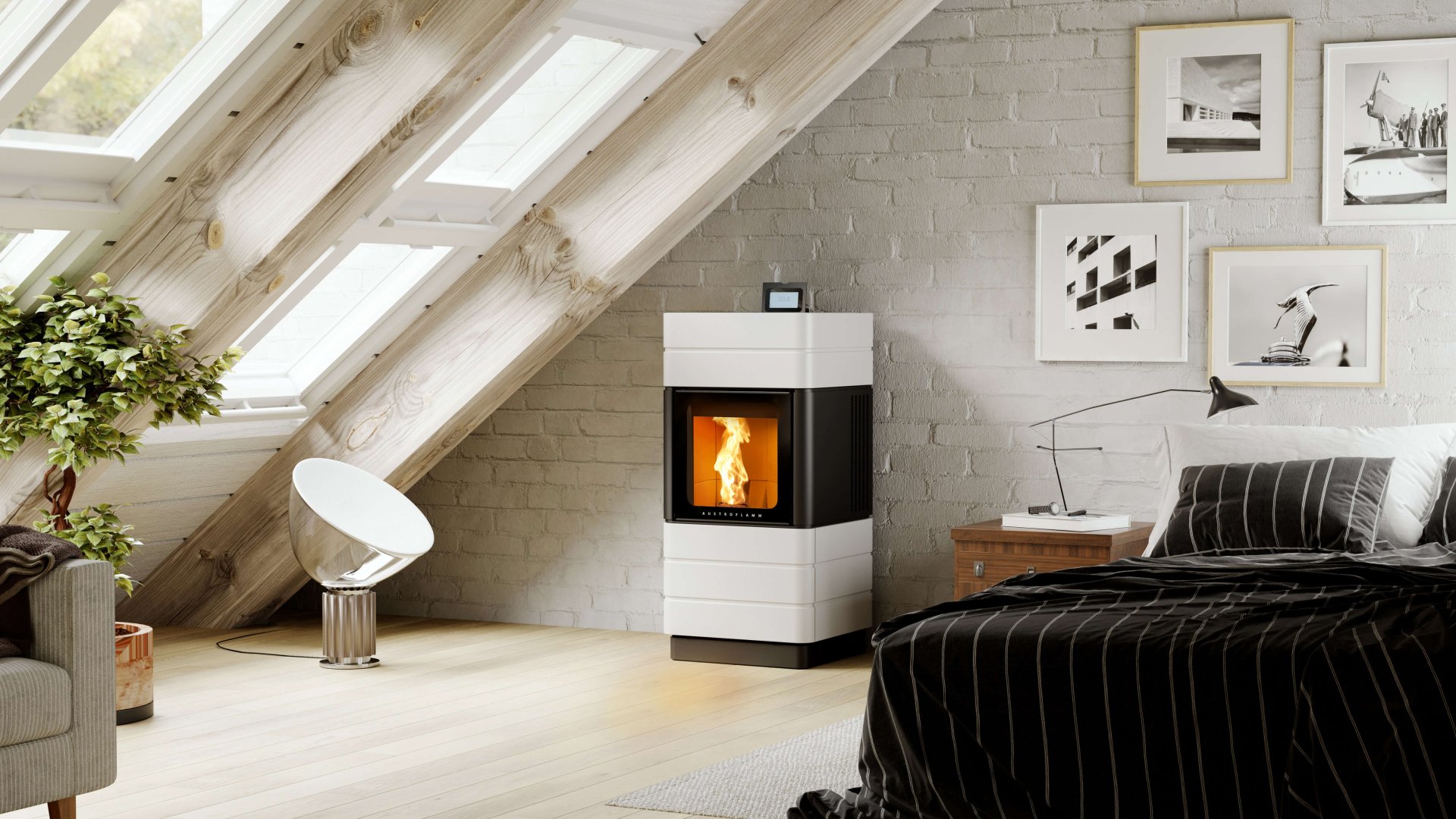 Perry pellet stove ambiance photo with ceramic cladding bright white