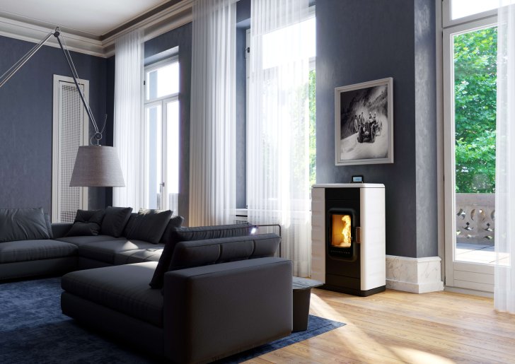Ruby pellet stove ambiance photo with ceramic cladding bright white
