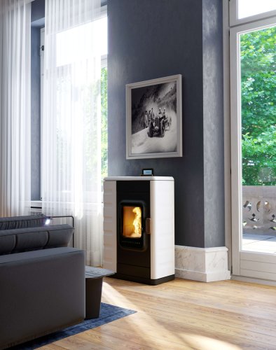 Ruby pellet stove ambiance photo with ceramic cladding bright white