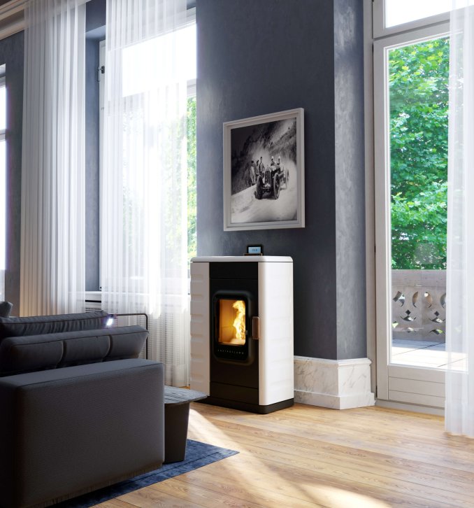 Ruby pellet stove ambiance photo with ceramic cladding bright white