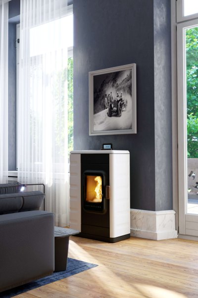 Ruby pellet stove ambiance photo with ceramic cladding bright white