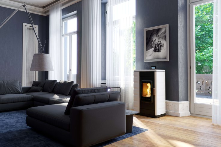 Ruby pellet stove ambiance photo with ceramic cladding bright white