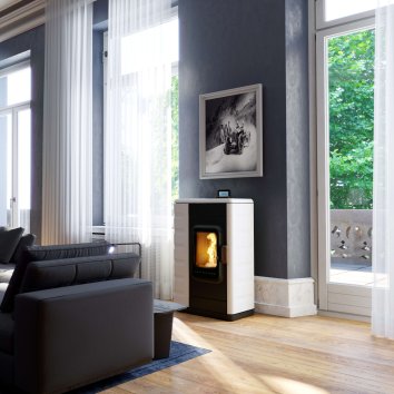 Ruby pellet stove ambiance photo with ceramic cladding bright white