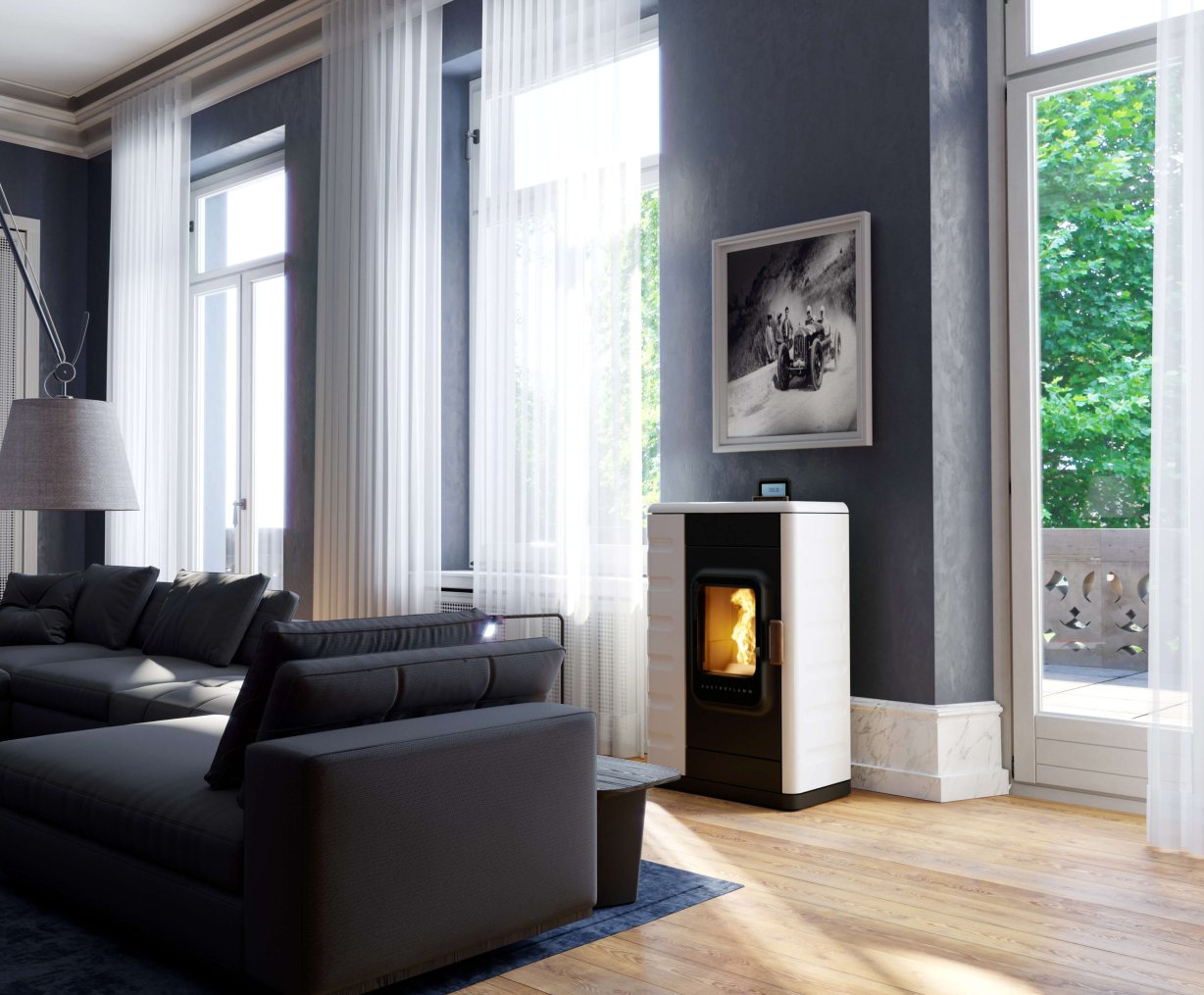 Ruby pellet stove ambiance photo with ceramic cladding bright white