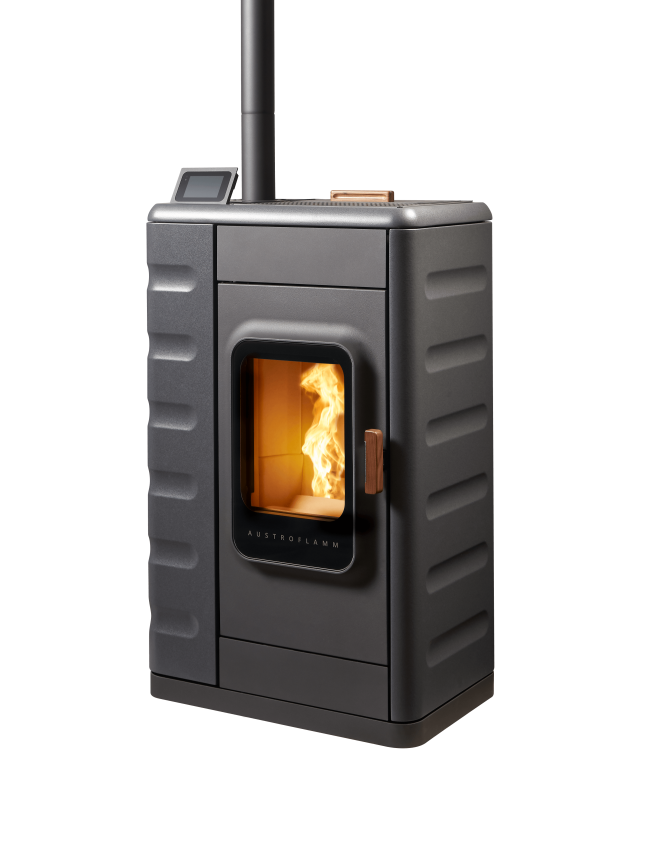 Ruby pellet stove knockout with ceramic cladding dark anthracite with flue pipe and display