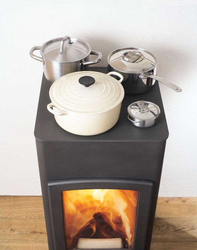 Lucy Cook stove detail view hotplate with cooking pots