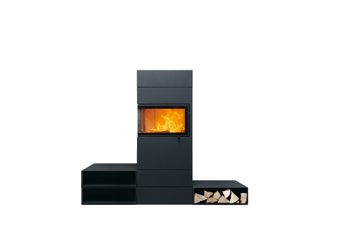 Kaminofen Dexter 2.0 Freisteller mit Sockelboxen, Aufsatzbox und beidseitigen Beistellboxen