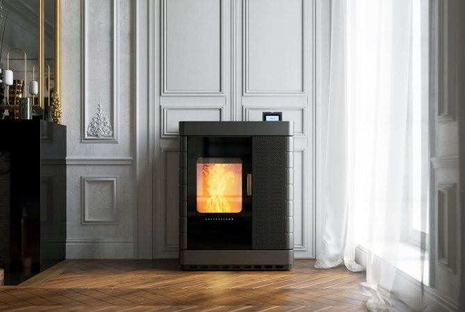 Scotty Duo hybrid stove ambiance photo with ceramic cladding dark anthracite
