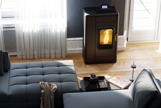 Ruby pellet stove ambiance photo with steel cladding