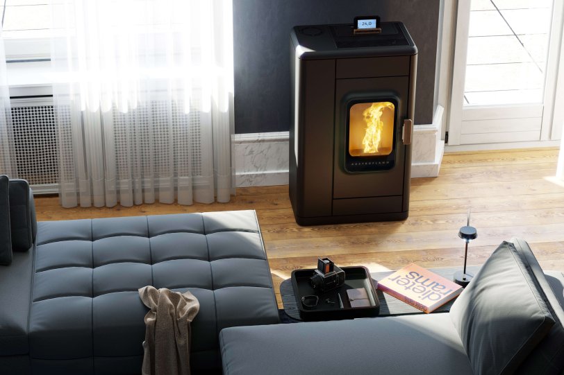 Ruby pellet stove ambiance photo with steel cladding