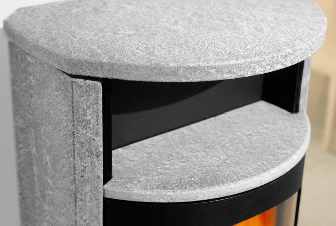 Koko 2.0 stove detail view warming drawer with soapstone cladding