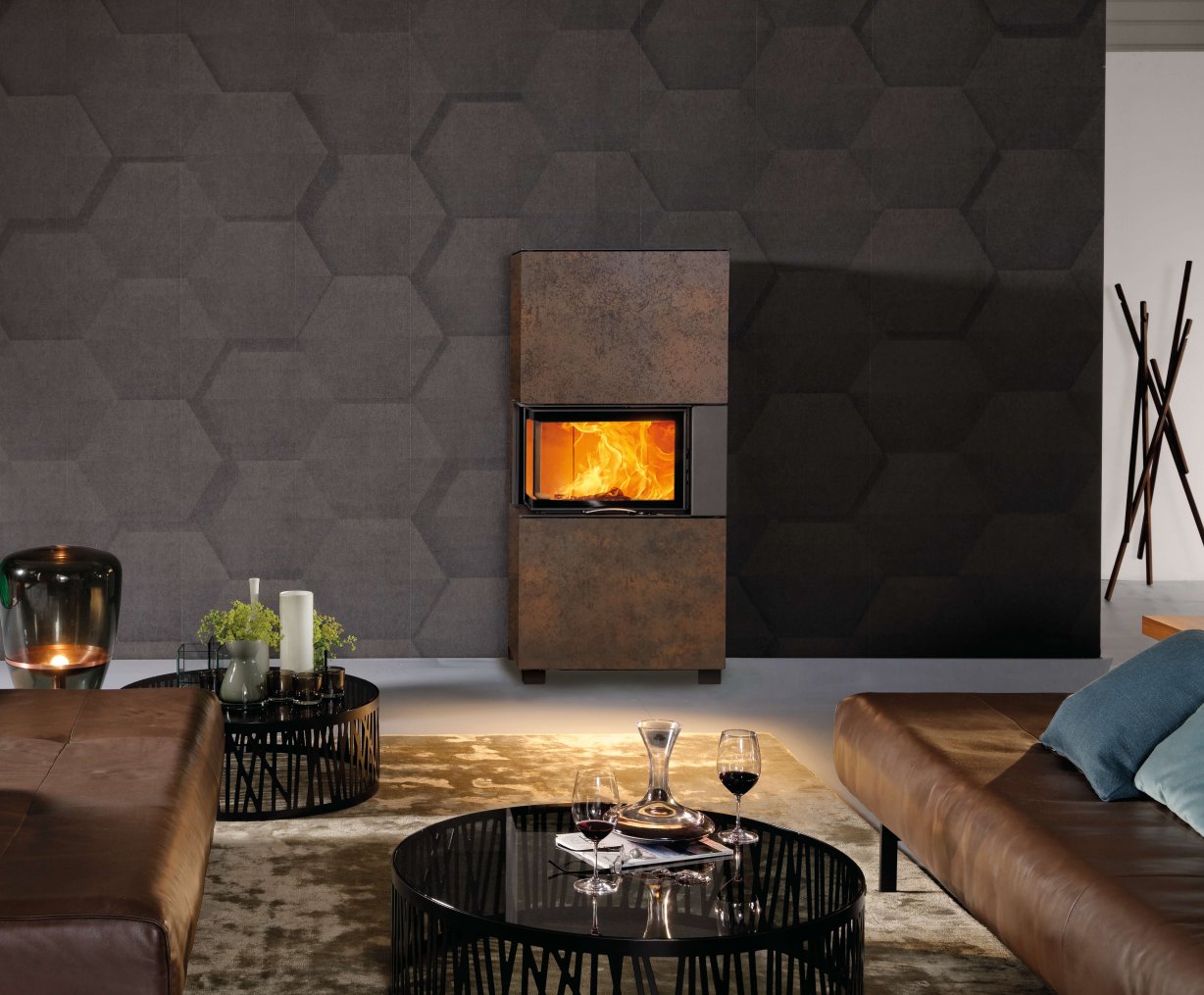 Sam design fireplace with ceramic cladding Corten iron with fireplace insert 63x40x42 S 2.0 ambiance photo