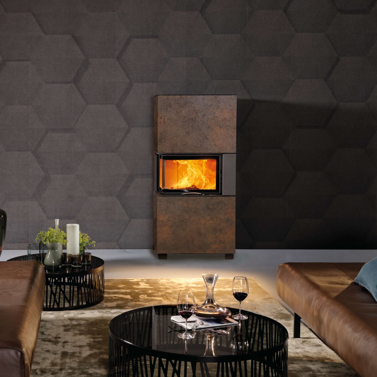 Designkamin Sam mit Keramikverkleidung Iron Corten mit Kamineinsatz 63x40x42 S 2.0 Ambiente Foto