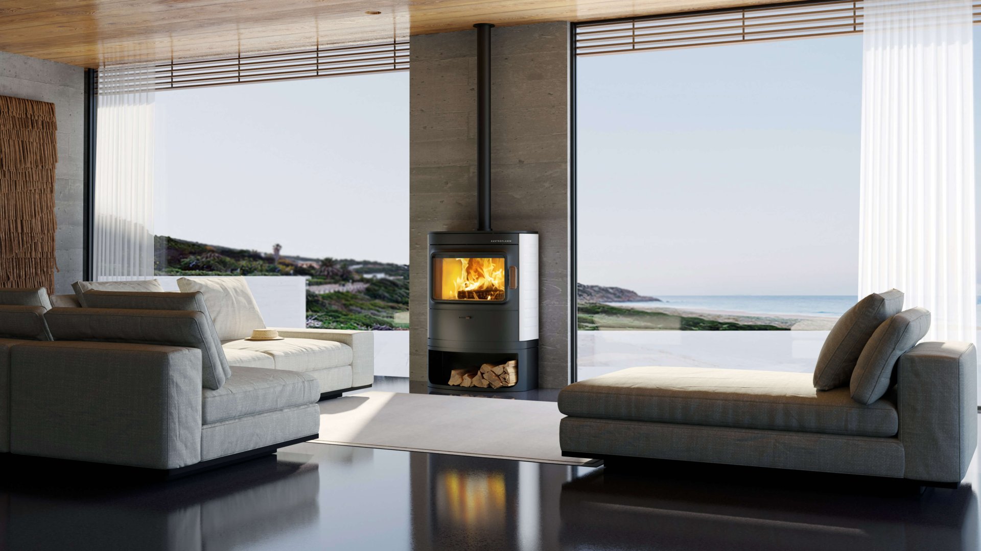 Cody stove ambiance photo with white ceramic cladding